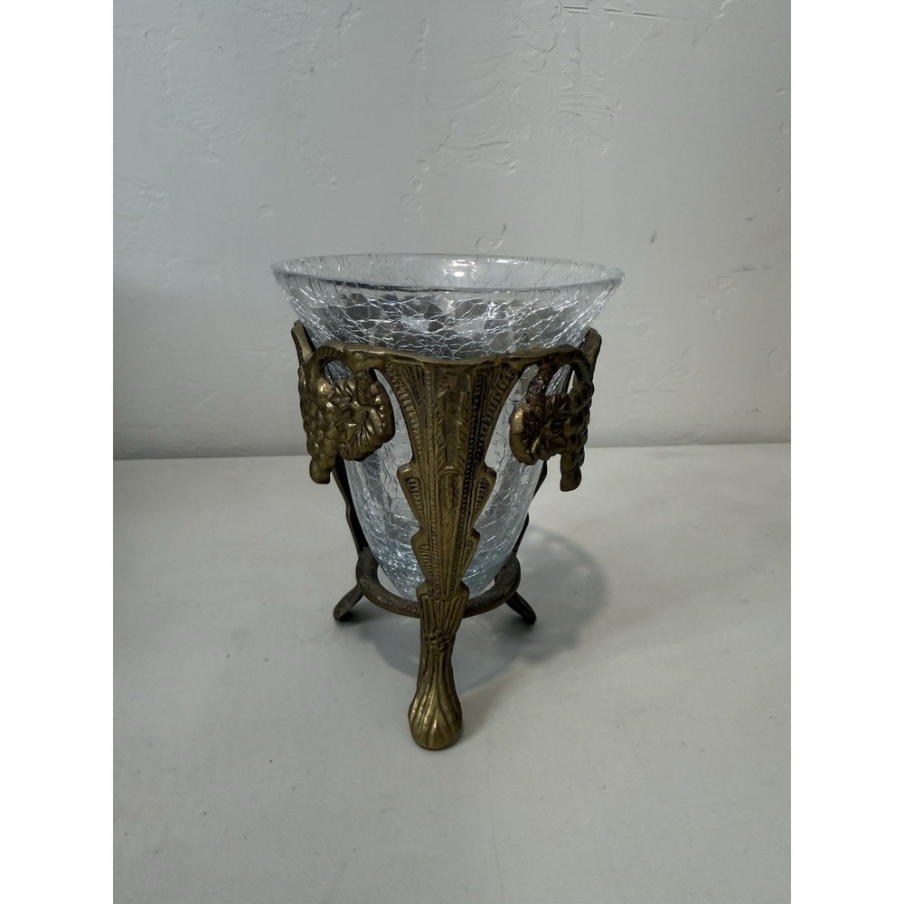 Vintage Made in India Solid Brass Stand & Crackled Glass Bowl  Footed Lion Grape
